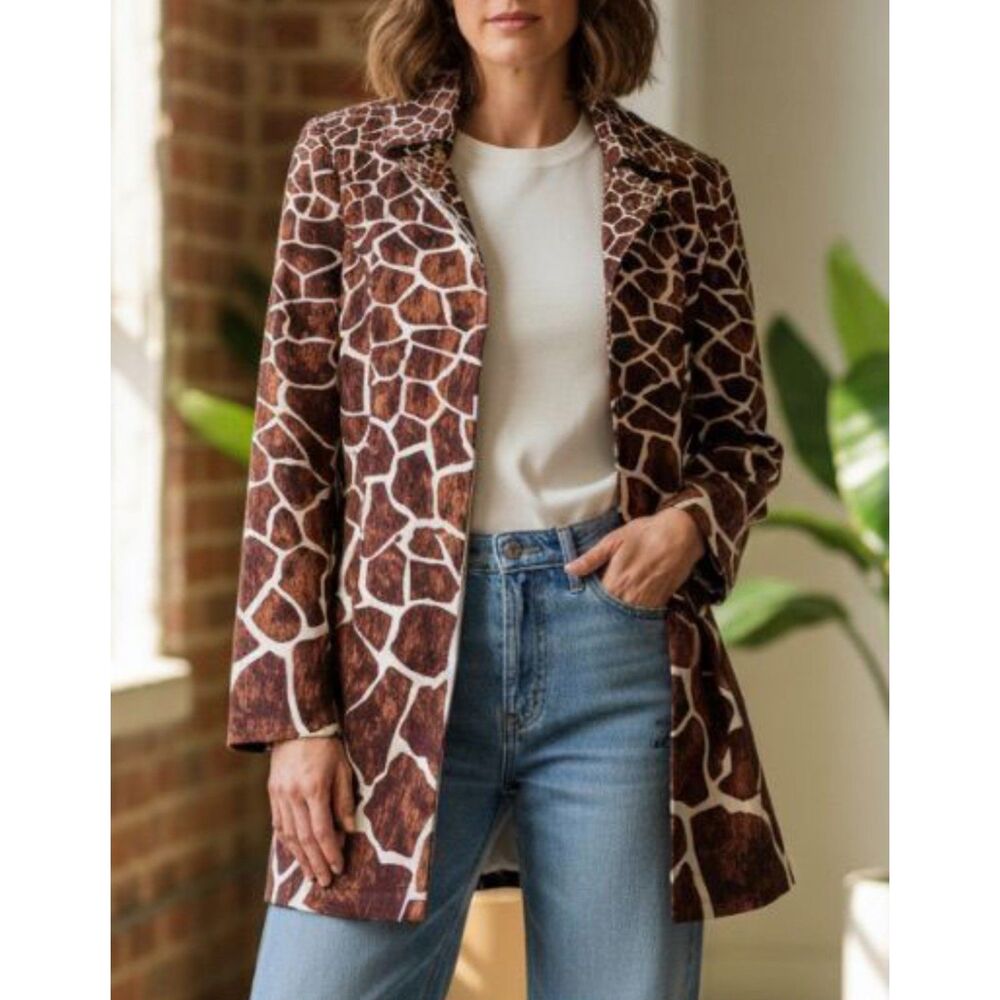 Etcetera Giraffe Print Belted Trench Jacket Womens 6 Brown Cotton Stretch Coat